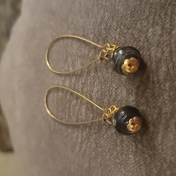 3/$30 Long Goldtone Black Paper Bead Hoop Earrings - Picture 3 of 3